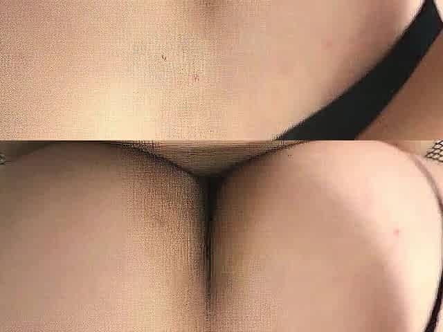 This guy pulls her belt to the side and cums on her booty.