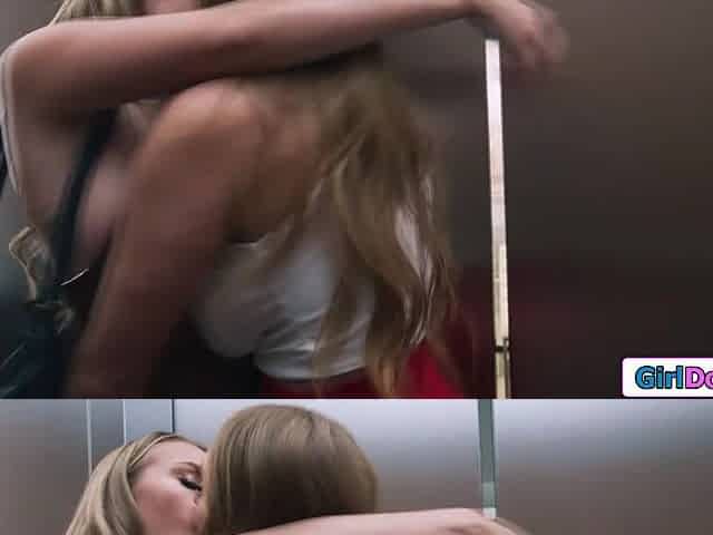 Busty coworkers finger rim and strapon fuck in the elevator