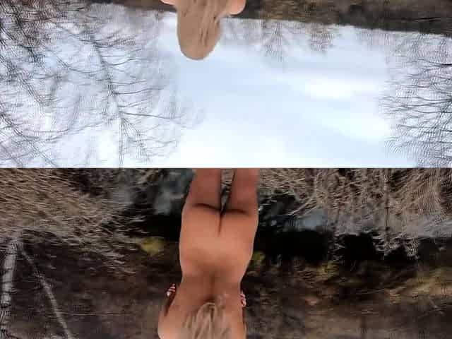 Nude Blonde Walks in Autumn Village