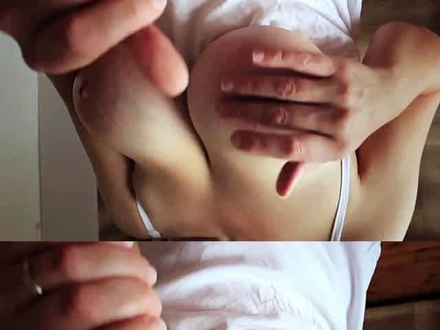 Missionary position, wife big tits and cum on tits. Sex in