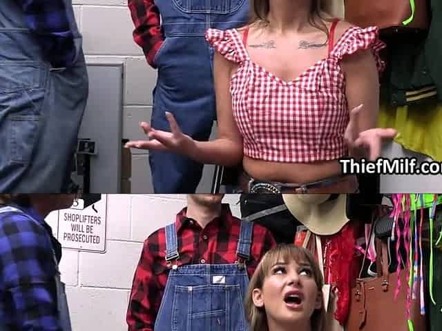Back office gangbang of big-breasted cougar thief