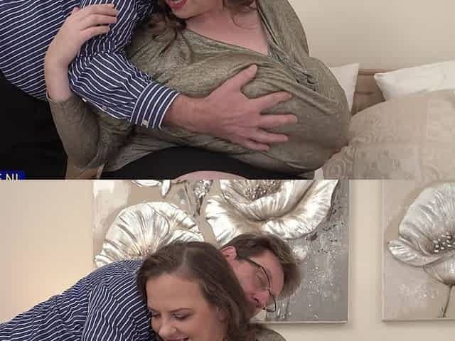 A woman with huge natural tits gets fucked by a man in a steamy scene.