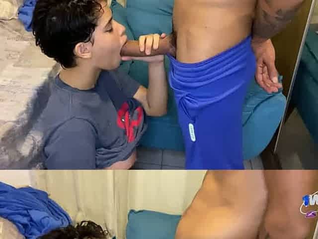 Kinky latina inserts thick man-meat into her boypartner's mouth, jizzing in his face - XXX!