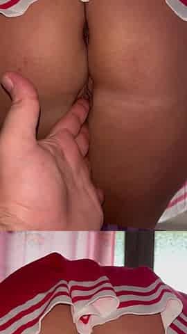 Majorette MILF Teased with Fingers While Bent Over in Tight Dress