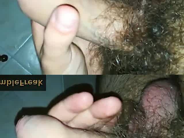 Wanking hirsute ramrod with constricted foreskin as I groan and cum on my hand