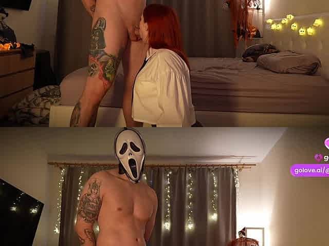 Pretty Student Gets Fucked Roughly by Ghostface and Cums on Her Face on Halloween