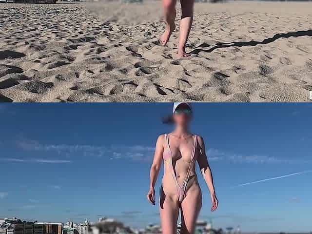 Nude at the beach in a lascivious sling bikini (part 1)