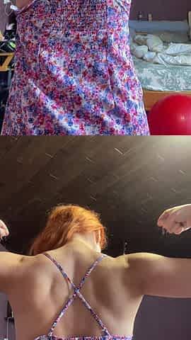 Redhead Woman in Pretty Dress Showing Her Muscles and Tits, How Strong Is She and How She Can Boxing Topless