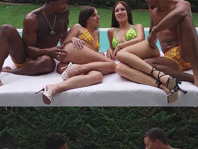 Interracial Foursome: 2 Ebony Dongs Pound Consummate White Booties