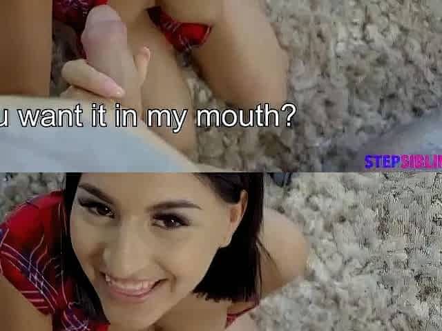 Bitchy black-haired teenager gives a deep fellatio while