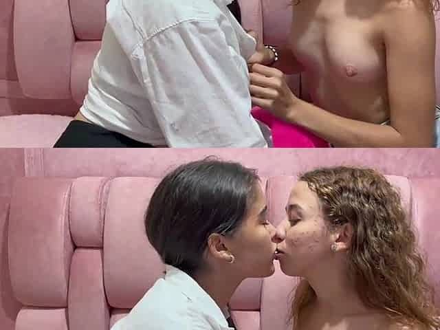tiny stepsisters giving a kiss in nature's garb