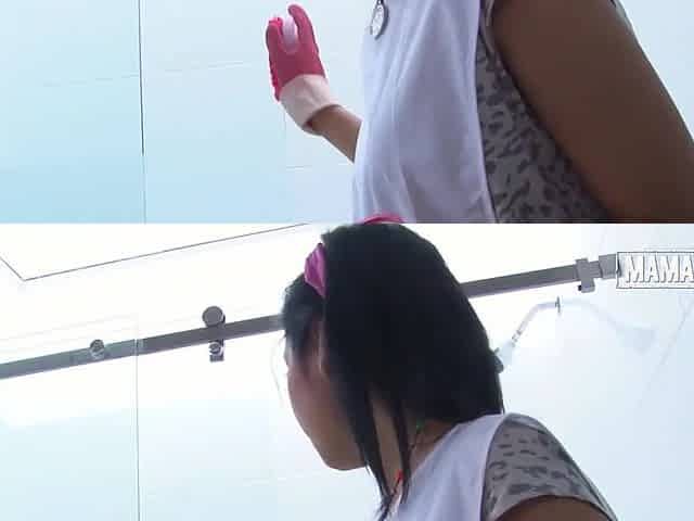 Large Butt Lalin girl in Pink Gloves Gets Banged Doggy in the Shower That babe Just Cleaned