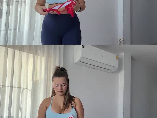 A cutie with large melons and a large booty tries on Swimsuits
