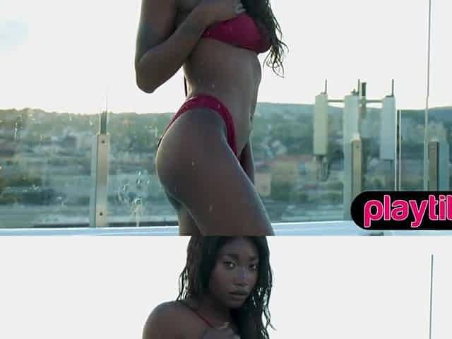 Slim Ebony mother I'd like to fuck disrobes undressed in the pool and flaunts her irresistible figure