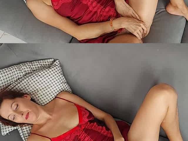 A Tanned Beauty in a Red Satin Dress, Gently Masturbating Her Clitoris with Her Fingers