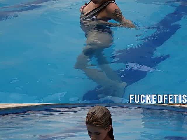 Golden-haired Slim swimwear pool slow version
