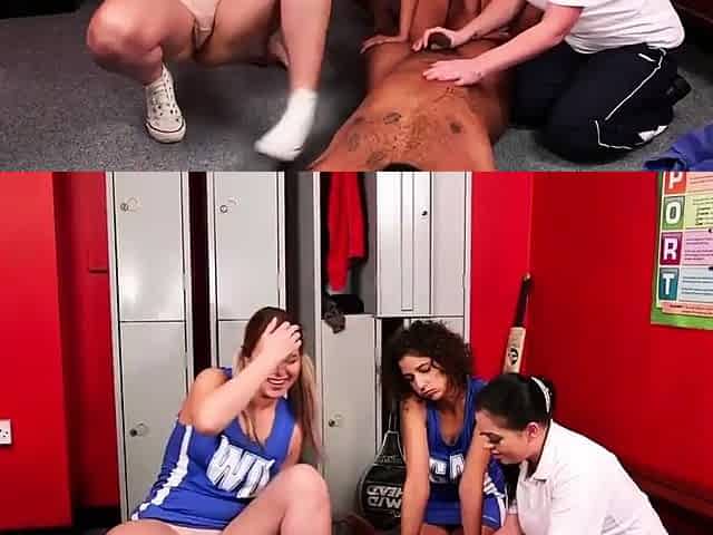 Amateur CFNM babes gives BJ to guy