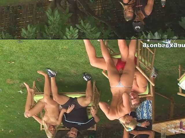 Curvy blonde in a thong gets humped by a beefy stud in a spicy outdoors groupsex shoot
