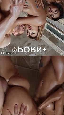 Oriental twins screwed in the shower