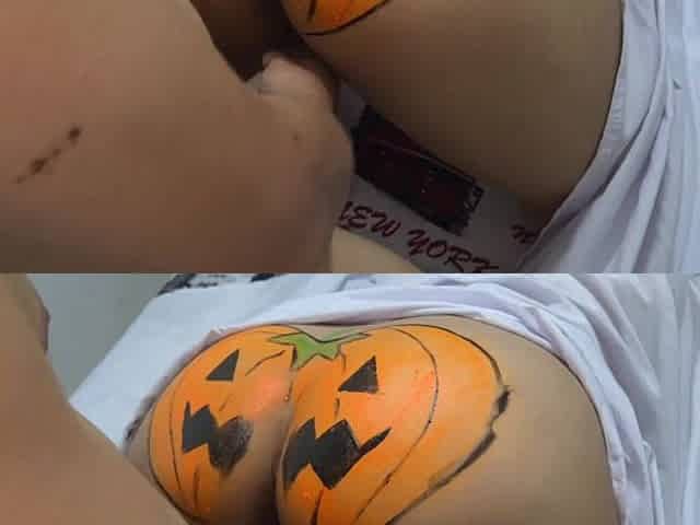 3 stepbrothers smash the pumpkin of their large-bottomed stepsister on Halloween