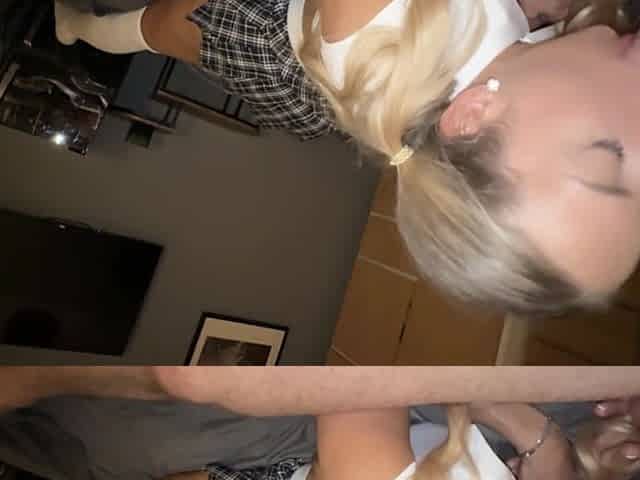 Depraved blonde PAWG in schoolgirl outfit sucks and fucks in POV kinks