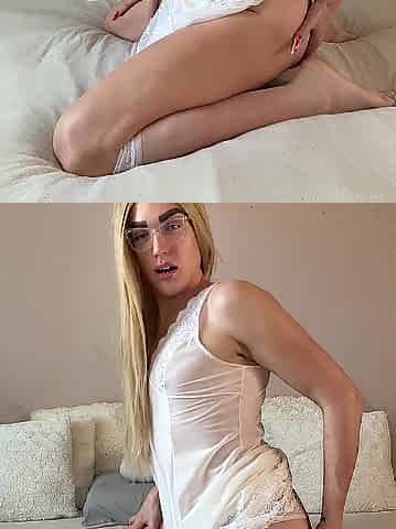 Femboy in a nightgown playing with sextoy and groaning