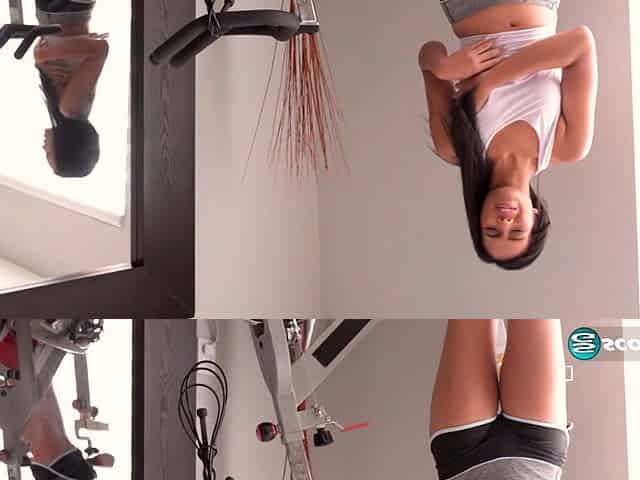Hot black chick Berlyn is all smiles as she makes herself cum after a workout in a home gym.
