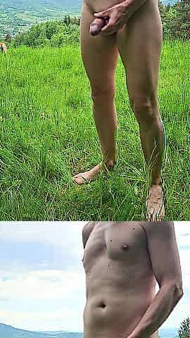 exposed dude pees and masturbates in public, ejaculating in a mountain meadow
