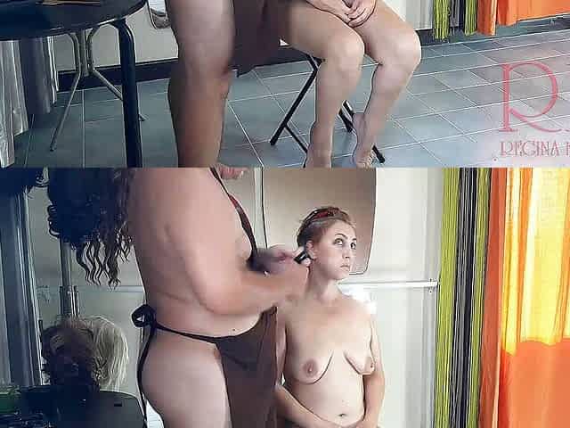 Nude barbershop. I will touch my pussy naked while the hairdresser cuts my hair. Full video