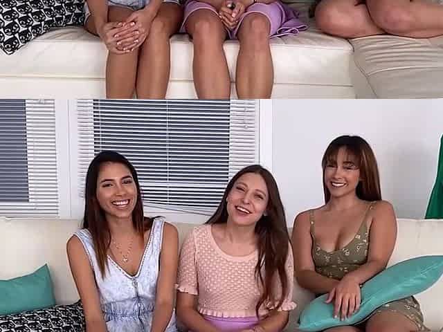 Three brunettes eat big natural tits