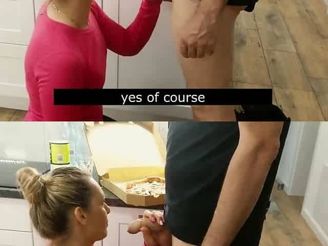 Blonde MILF Gives Pizza Delivery Guy a Blowjob for Cumshot o