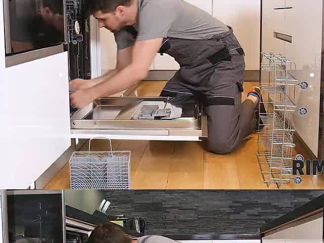 RIM4K. Cutie interrupts repairer and begins licking his butt by the dishwasher