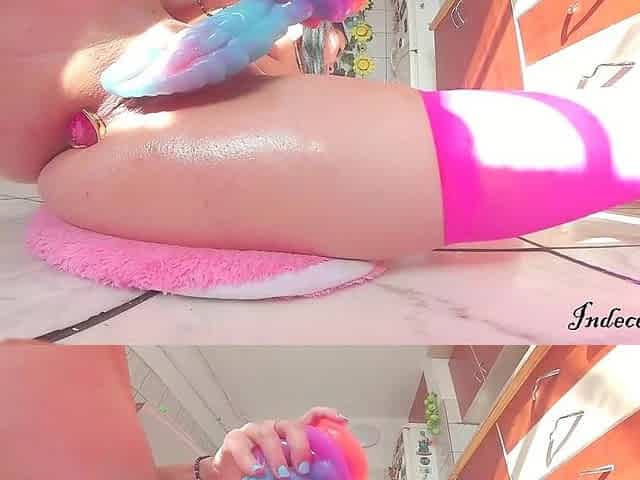 Huge Wet Explosive Squirt after Masturbation with Monster Dildo