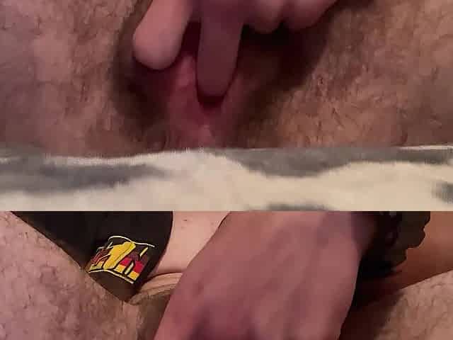 Bushy FTM Playing with Hunk Vagina Leaking Cum