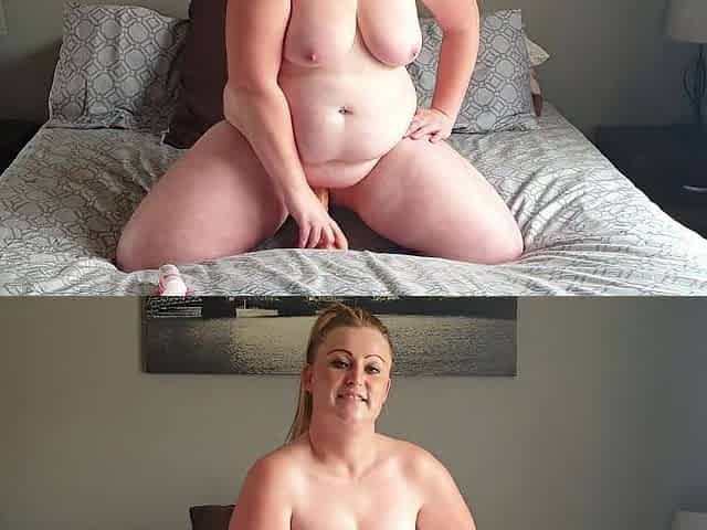 Large titted blonde masturbating with large sex toy and stretching her overweight twat