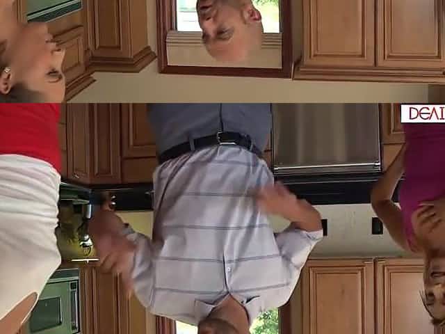 Tall blond chick is sucking and screwing lascivious hubby whilst his wife heps him go deeper inside