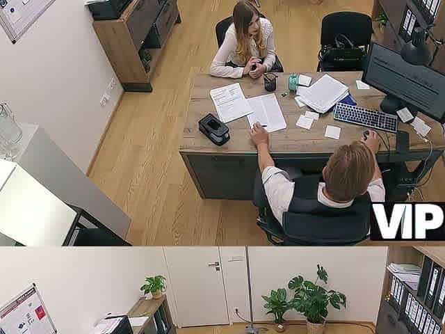 VIP4K. Golden-haired Maya with large breasts is screwing a bank worker on the office. Hawt interview with Maya