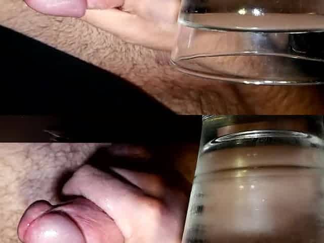 Closeup Thick Spunk fountain Into a Glass of Cold Water