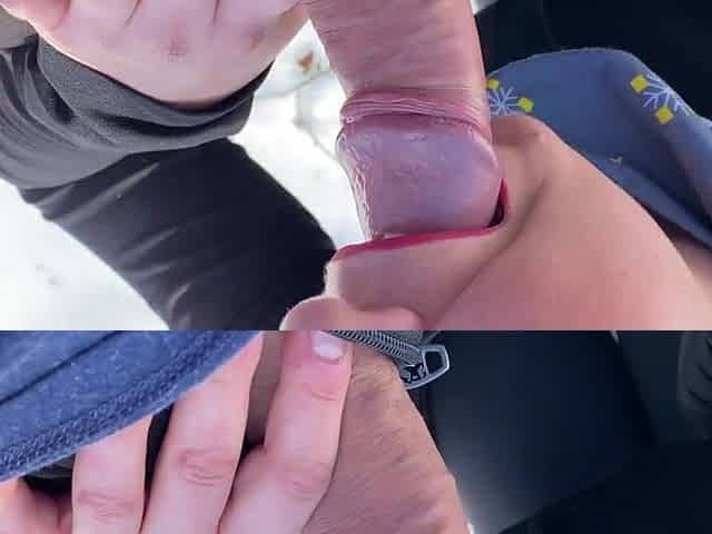 Caught giving blow job on nature with cum on melons