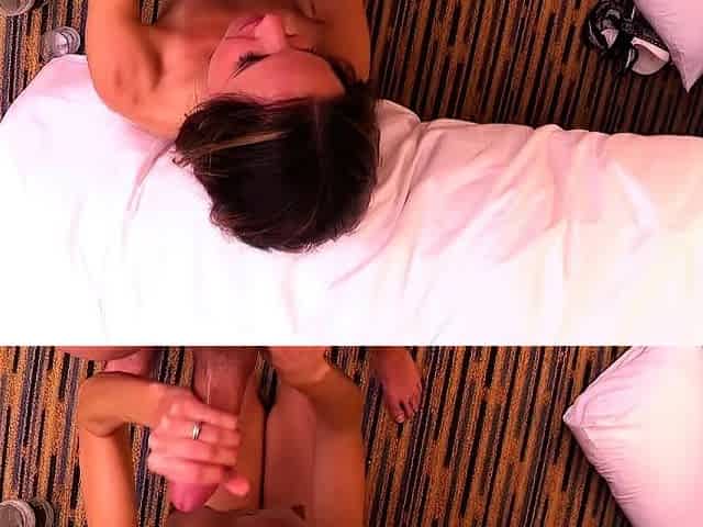 Big tit brunette sucks a big cock POV