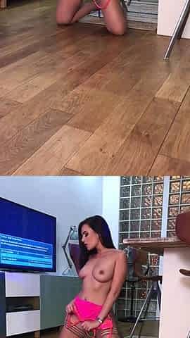 Busty curly brunette with big boobs fucks on couch
