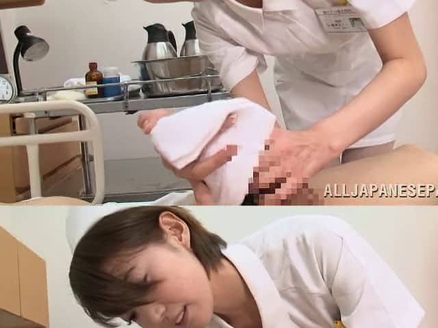 Enchanting Asian nurse gives her patient an orgasmic blowjob
