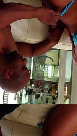 Ebony-skinned Honey Chaffin sucks and fucks black cock to get his warm cum