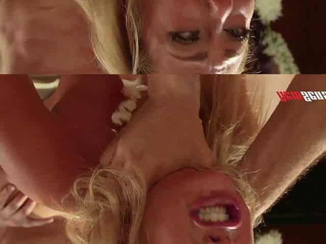 Crazy blonde babe has rough sex with two guys in a threesome