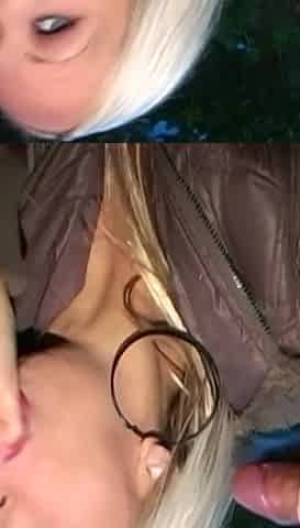 Hot Blonde Teen Dogging Slut Sucks off Two Big Cock Studs in the Woods