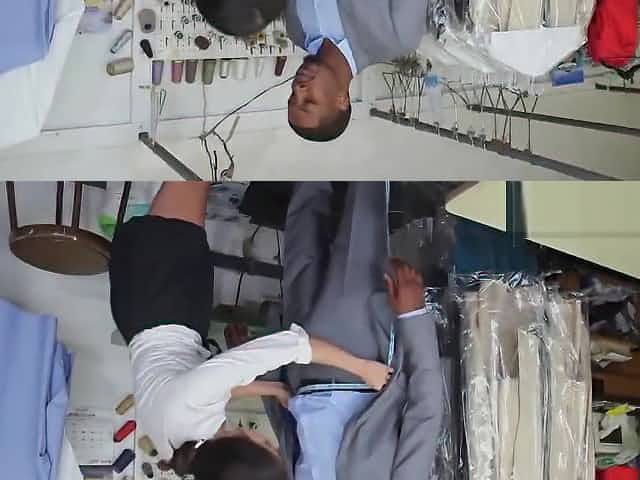 Saucy pussy Asian cleaner getting steamy with two big black cock at shop