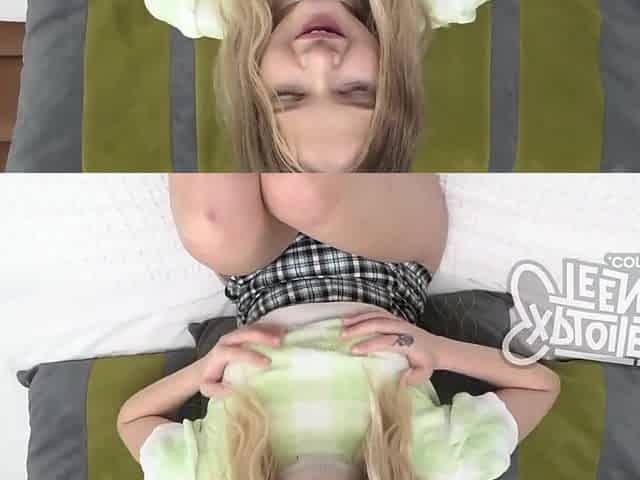 Petite blonde girl getting her throat thrusted in in the hardcore sex scene