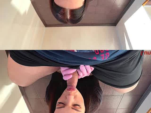 Student in gloves oral pleasure and drink cum