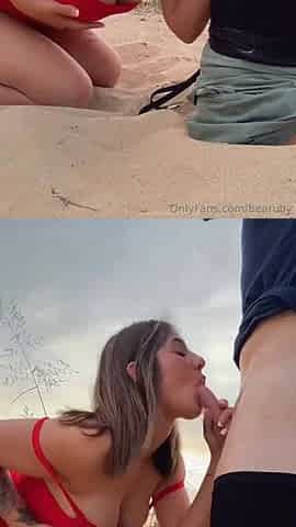 BeaRuby Beach Blowjob and Standing Fuck