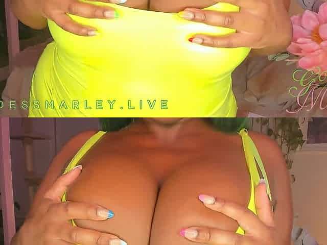 Female-dominator Marley Teases Large Luscious Melons in Yellow Underware and Constricted PVC Costume